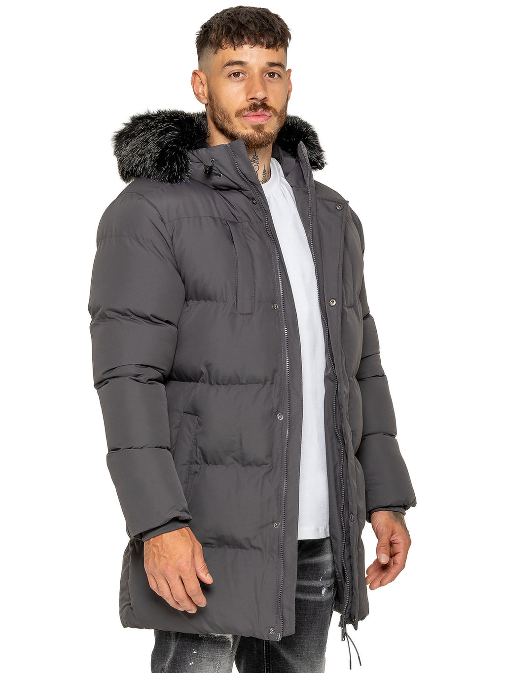 Enzo Silvio Longline Hooded Puffer Coat Jacket - Grey