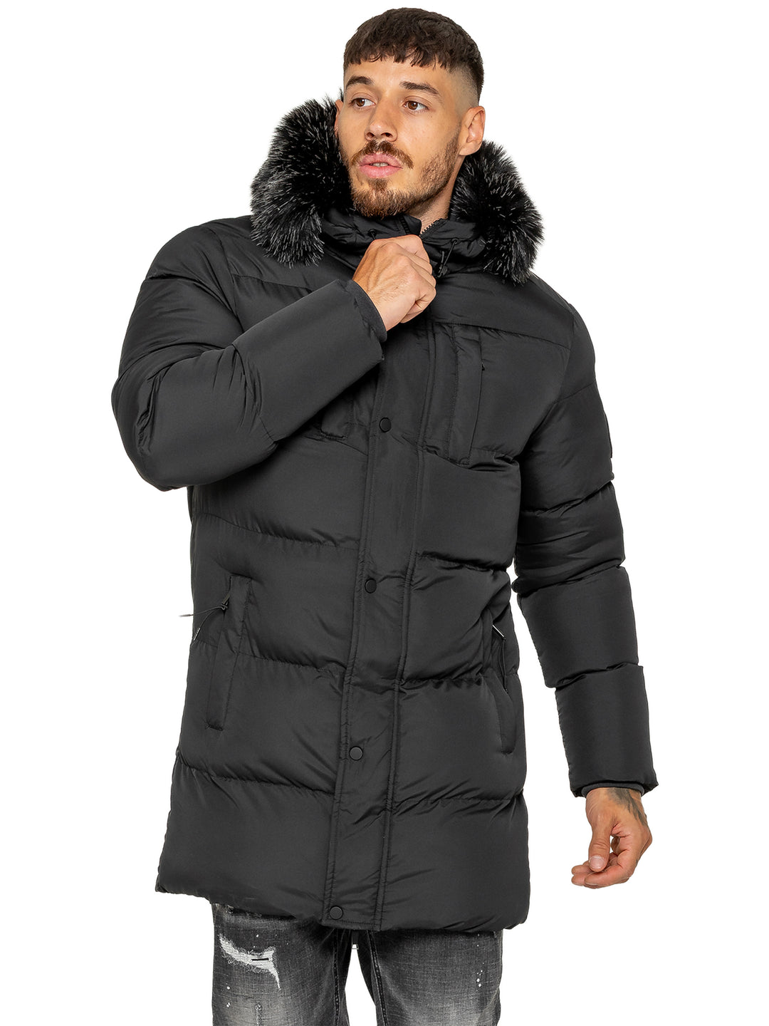 Enzo Silvio Longline Hooded Puffer Coat Jacket - Black