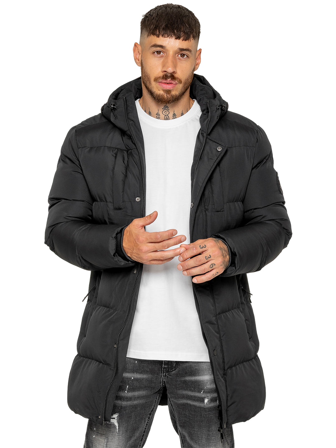Enzo Silvio Longline Hooded Puffer Coat Jacket - Black