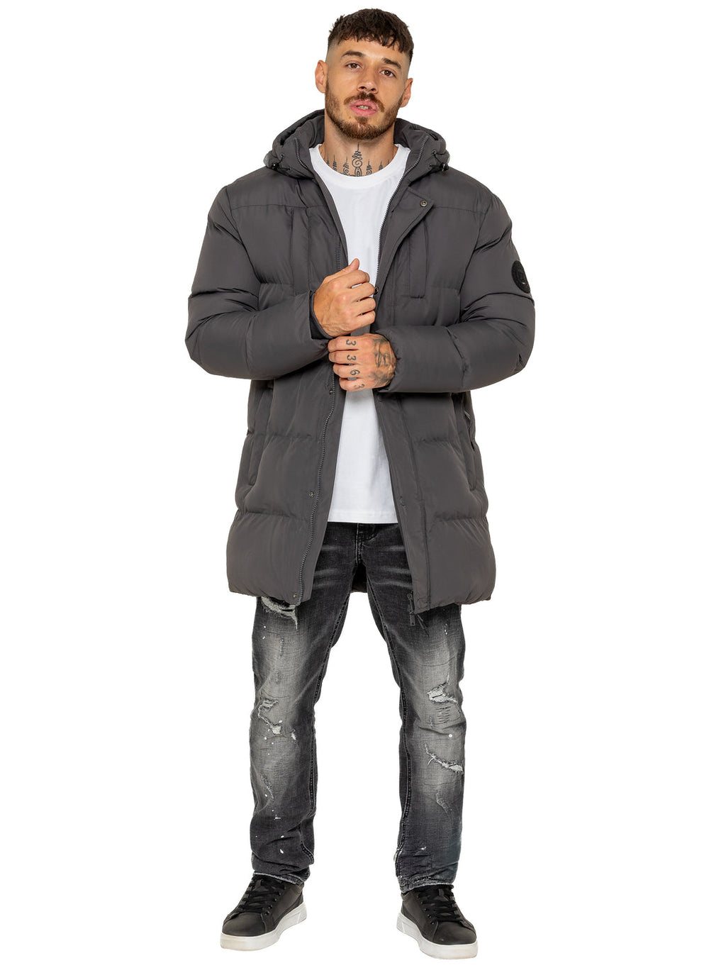 Enzo Silvio Longline Hooded Puffer Coat Jacket - Grey
