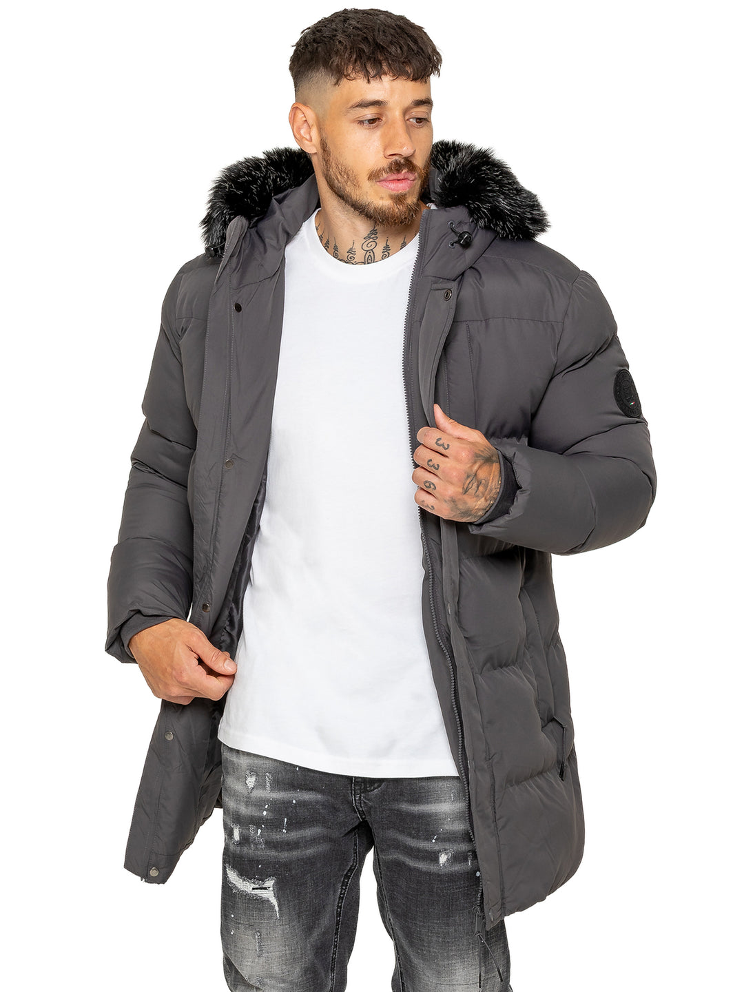 Enzo Silvio Longline Hooded Puffer Coat Jacket - Grey