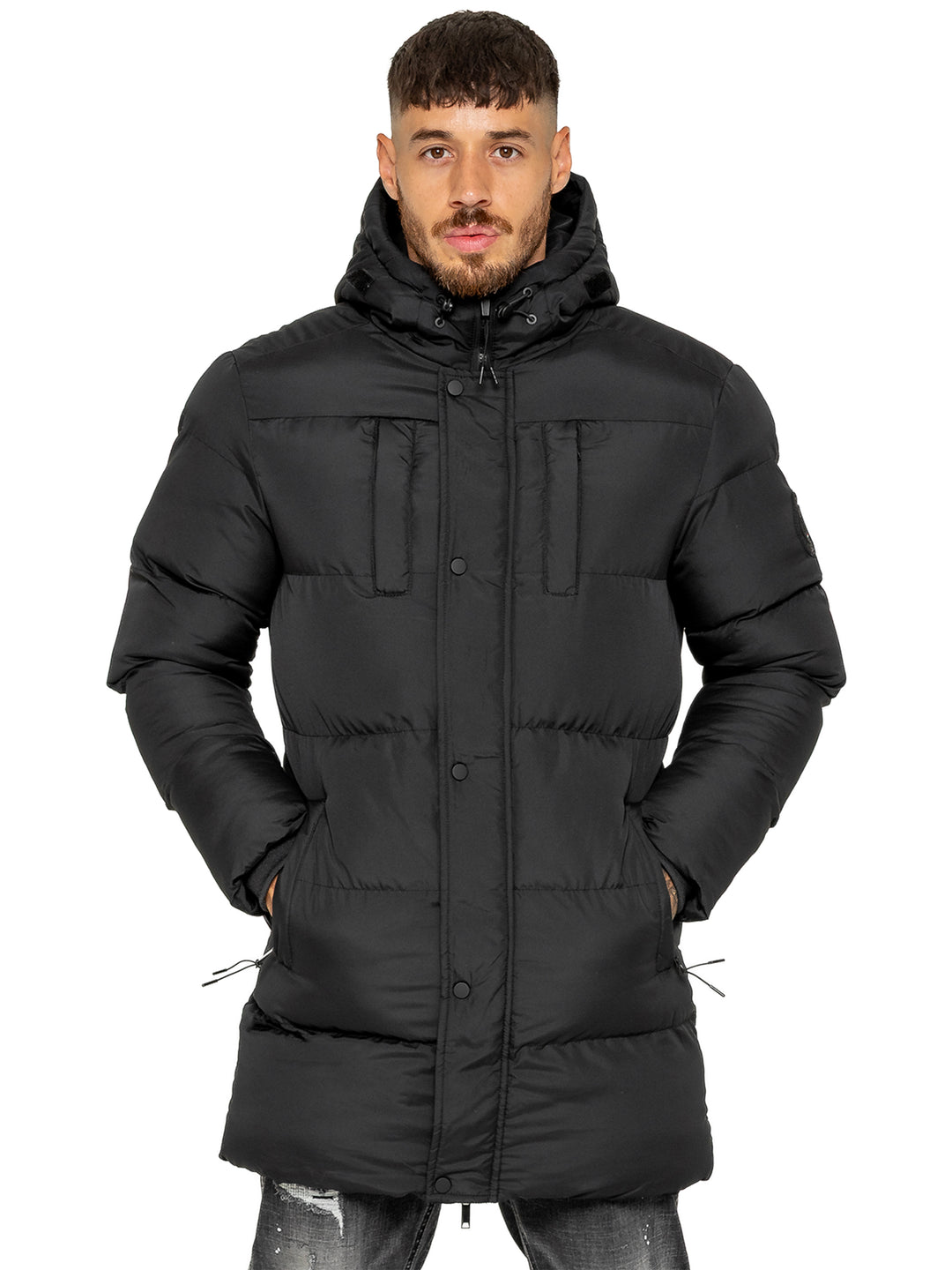 Enzo Silvio Longline Hooded Puffer Coat Jacket - Black