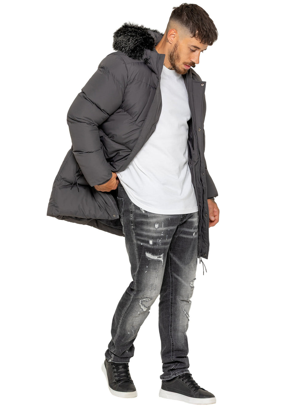 Enzo Silvio Longline Hooded Puffer Coat Jacket - Grey